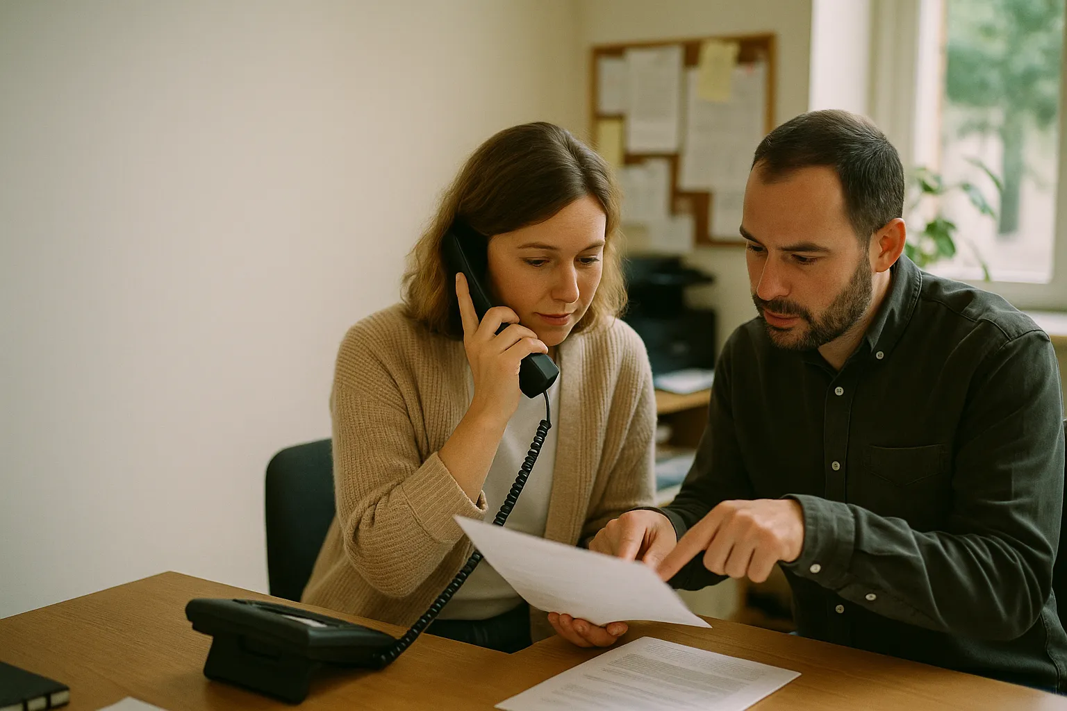 A receptionist handing a call to a colleague with full context