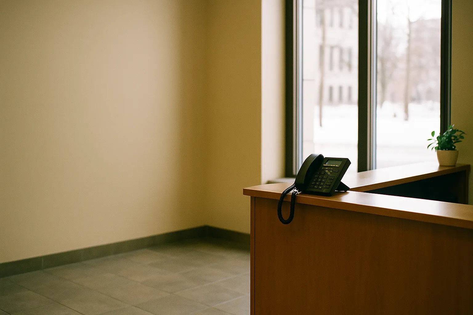 A bilingual reception desk at a Québec law firm greeting a client in French