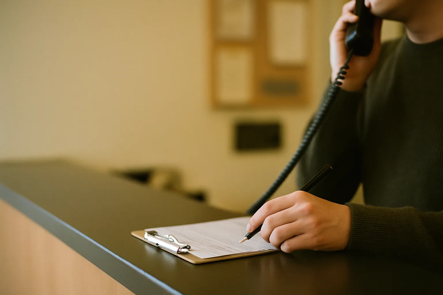 A dental receptionist taking a new-patient call at the clinic front desk