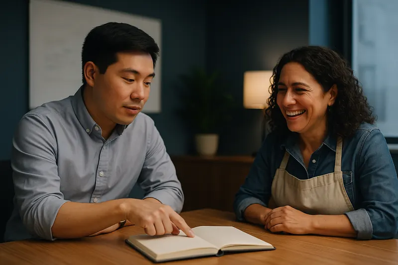 An accountant pointing at a ledger while a bakery owner laughs
