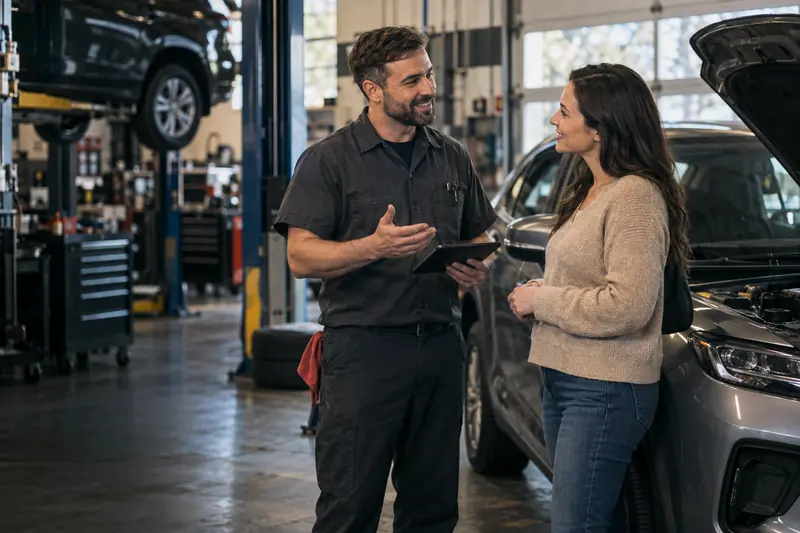 A mechanic on the phone beside a car raised on a shop lift