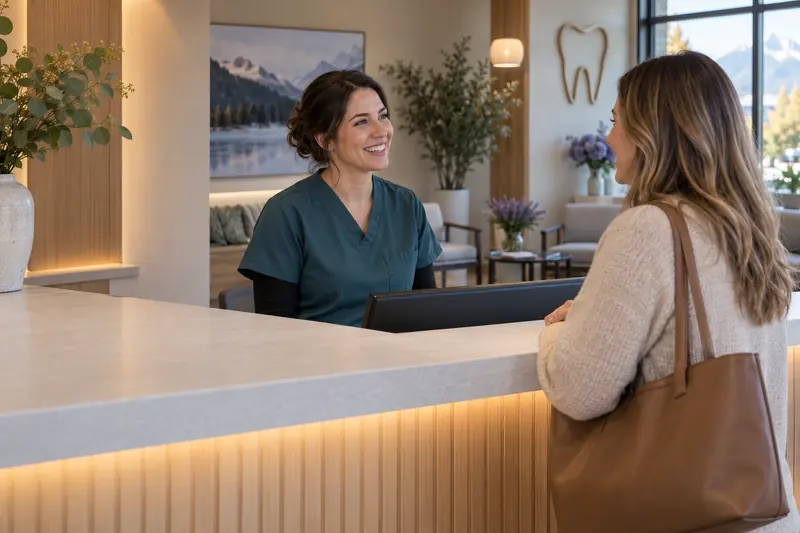 A dental hygienist welcoming a patient at a clinic reception desk