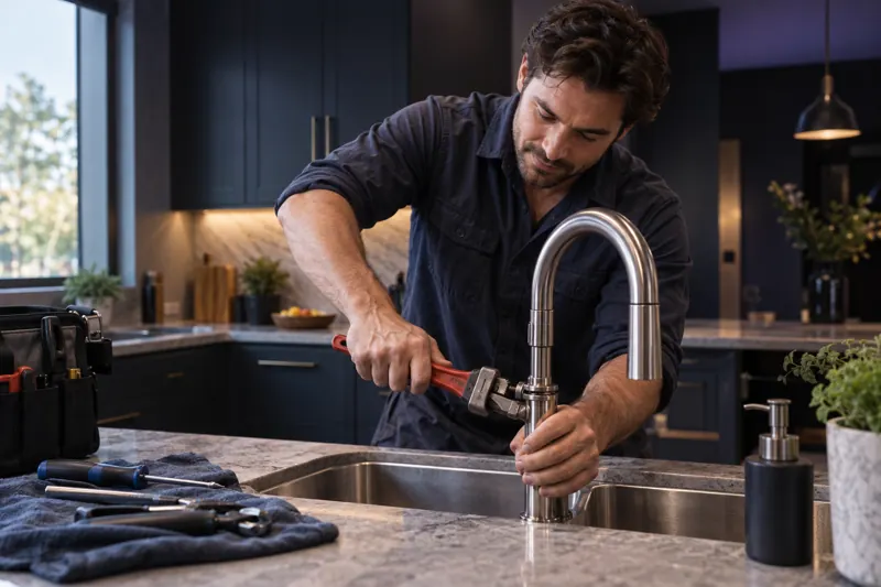 Un technicien répare un robinet dans une cuisine moderne