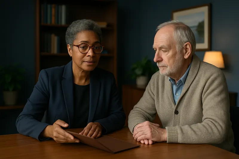 A notary explaining a document folder to an older client at a walnut table