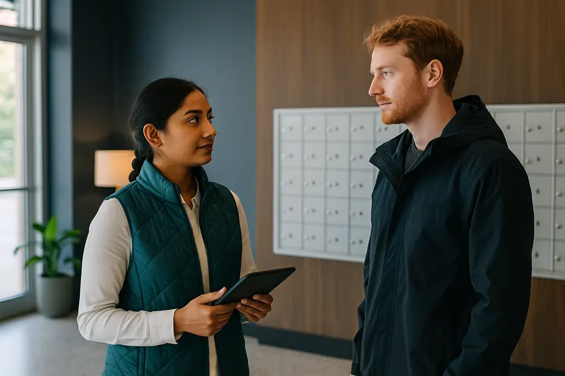 A property manager with a tablet talking with a tenant by the mailboxes