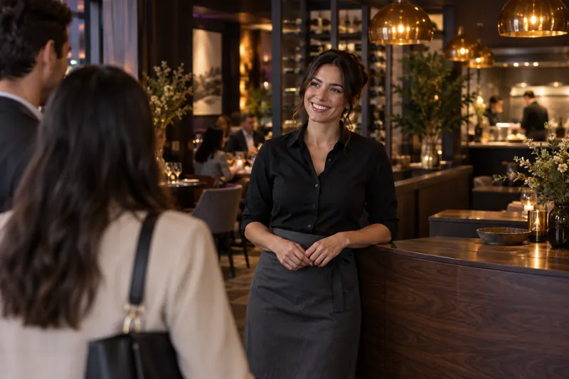 Un hôte accueille la clientèle au comptoir d’un restaurant