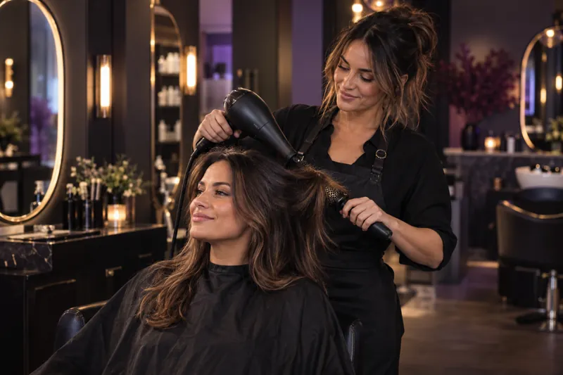 Une coiffeuse fait une mise en plis dans un salon accueillant